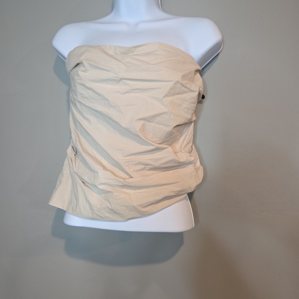 Mango MNG Strapless Tube‎ Top Womens Medium Tan Beige Draped Ruched Gathered NWT